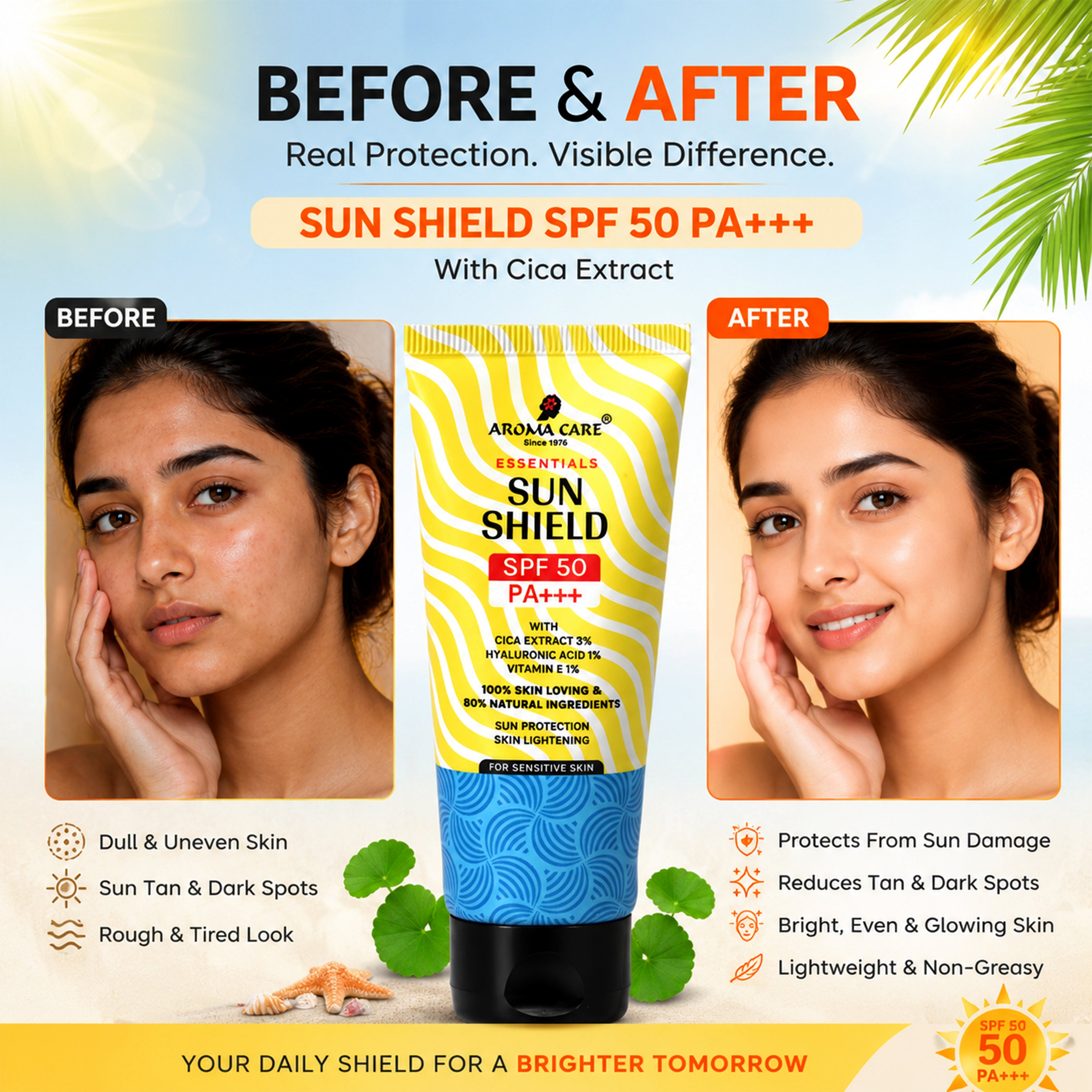Sun Shield SPF 50 PA+++ With Cica Extract, Hyaluronic Acid & Vitamin E