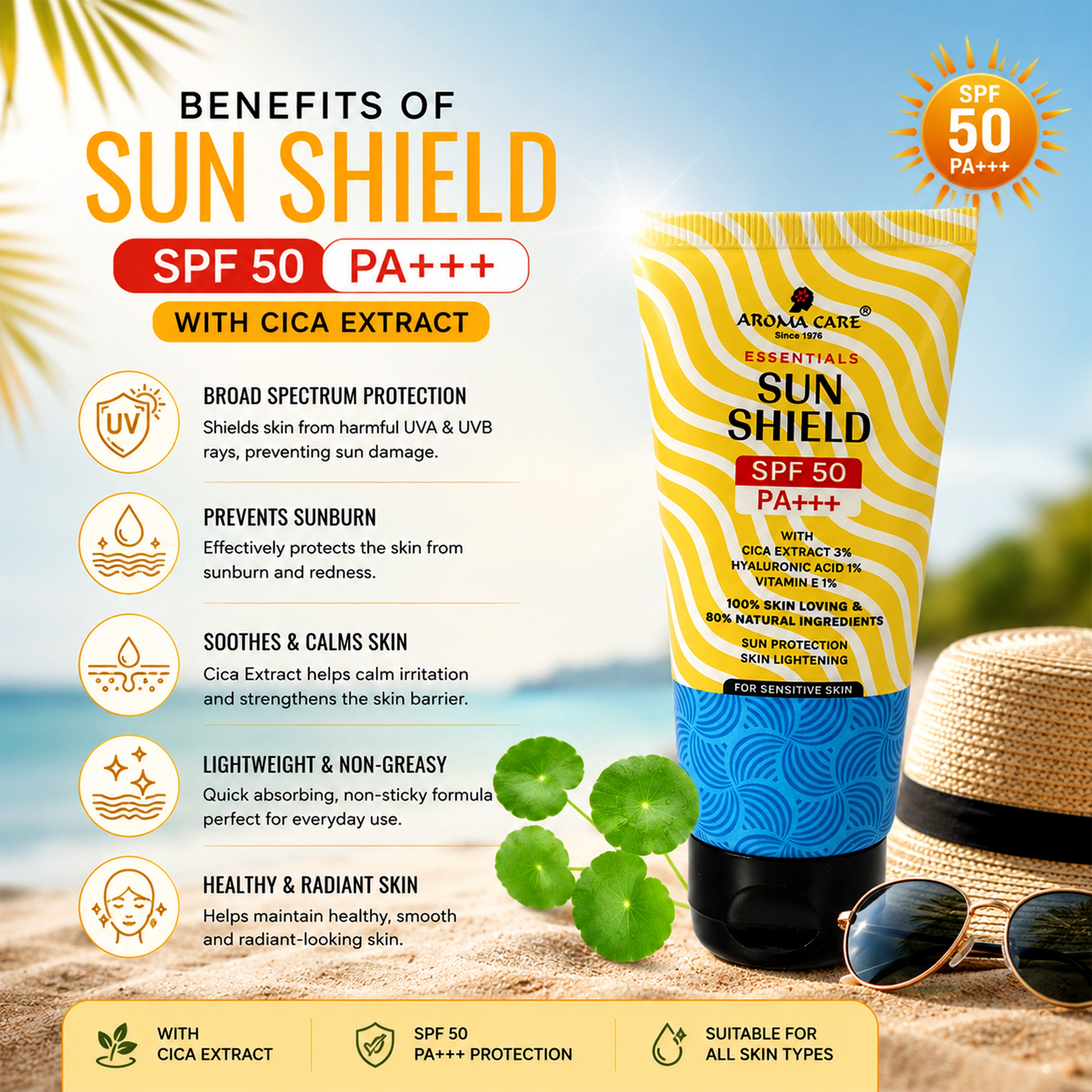 Sun Shield SPF 50 PA+++ With Cica Extract, Hyaluronic Acid & Vitamin E