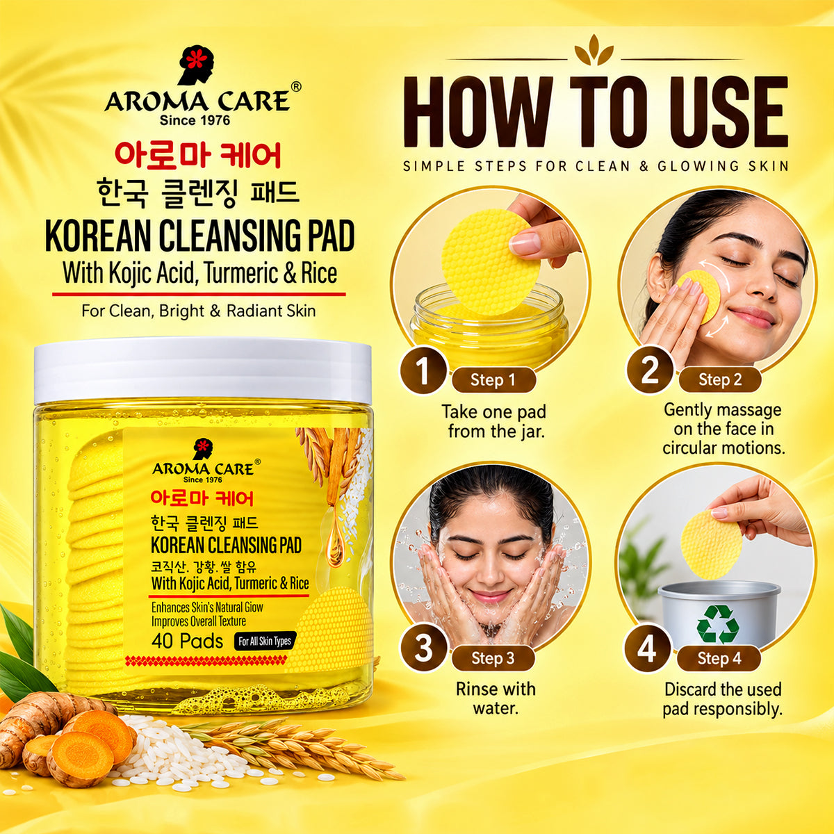 Korean Glass Skin Pads with Kojic Acid, Turmeric & Rice | Brightening Pads for Dark Spots 40 Pads