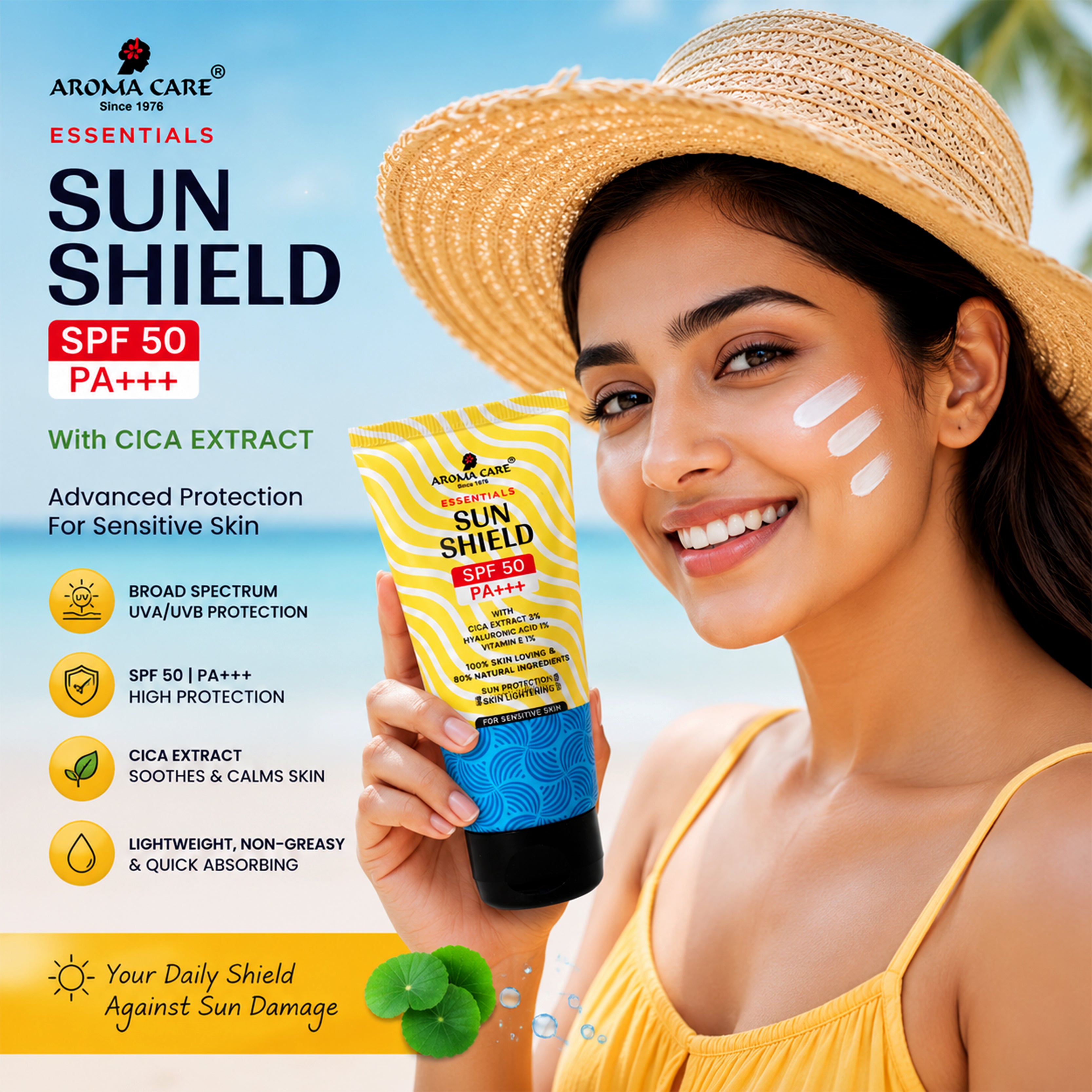 Sun Shield SPF 50 PA+++ With Cica Extract, Hyaluronic Acid & Vitamin E