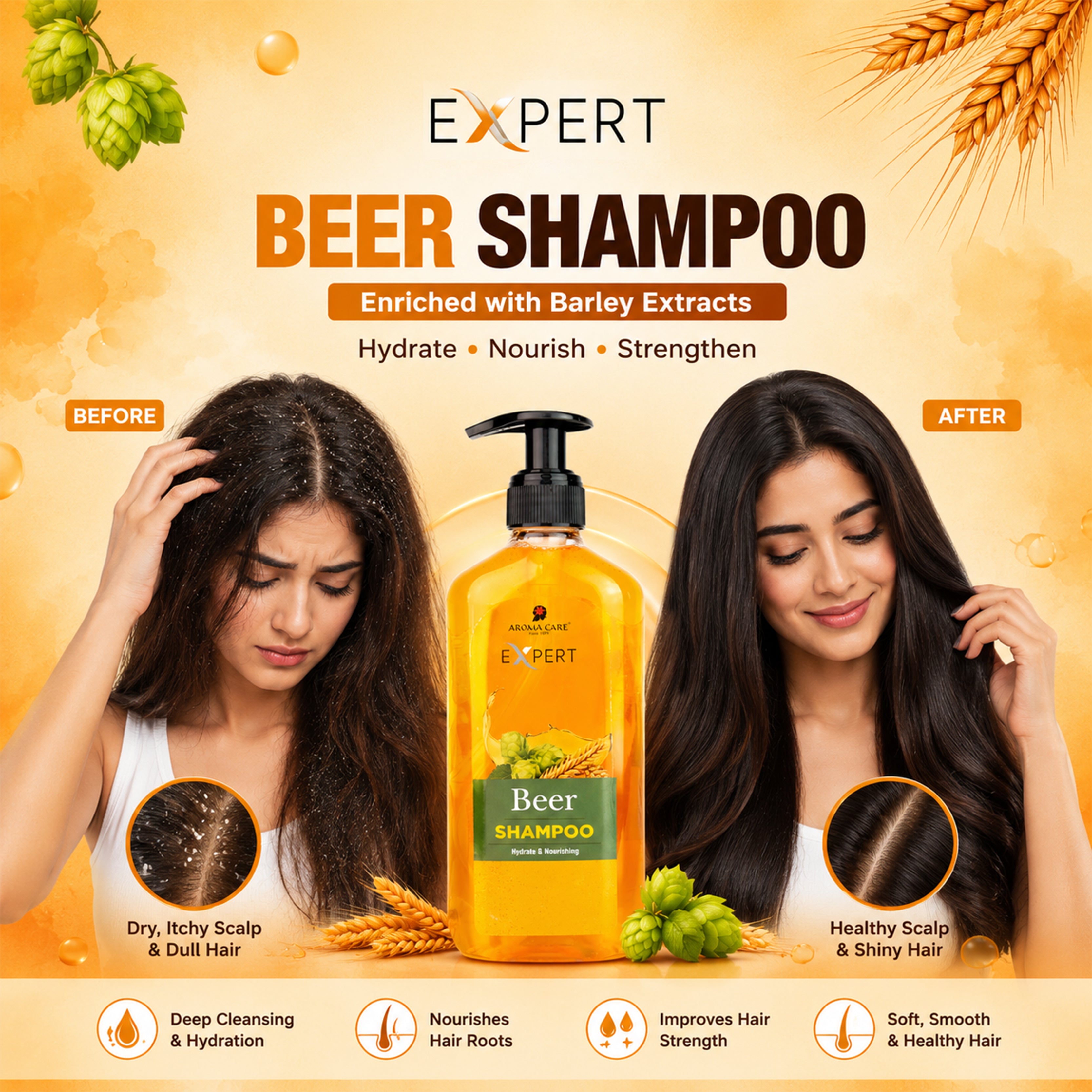 Beer Shampoo for Stronger, Shinier & Healthier Hair – Protein-Rich Formula
