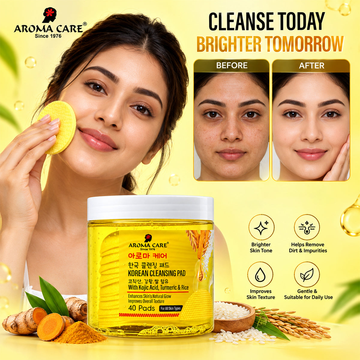 Korean Glass Skin Pads with Kojic Acid, Turmeric & Rice | Brightening Pads for Dark Spots 40 Pads