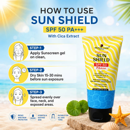 Sun Shield SPF 50 PA+++ With Cica Extract, Hyaluronic Acid & Vitamin E